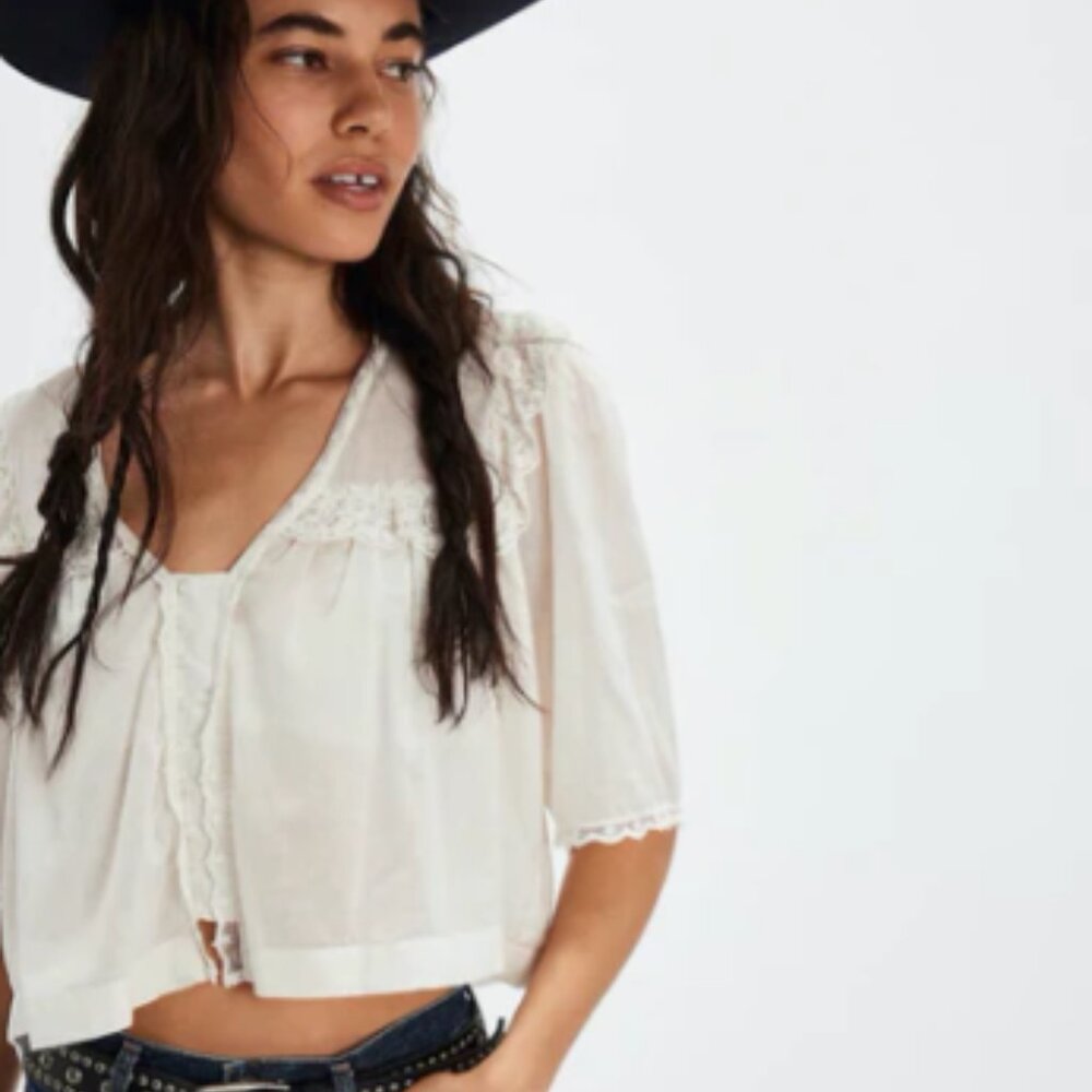 Free People White Lace Trim Blouse